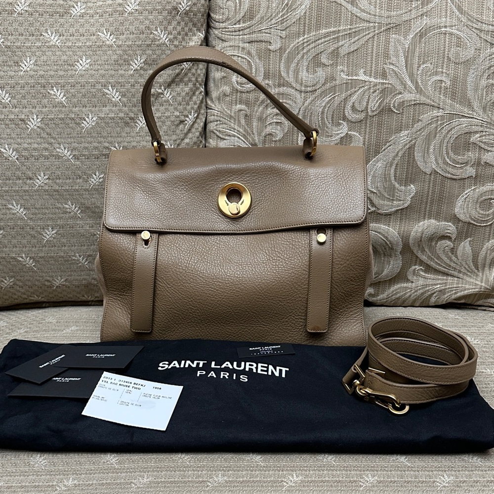 Saint Laurent Brown Leather Satchel with Gold Accents
